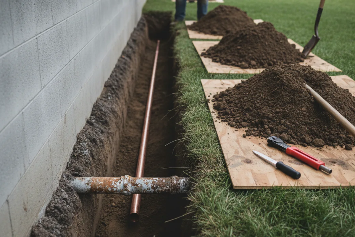 Excavated water line trench during Water Softener Installation in Oberlin